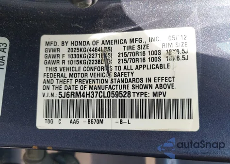 2012 Honda Cr-V Lx from USA, damaged, VIN 5J6RM4H37CL059528